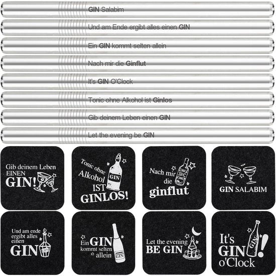 Set di Regalo Gin 8 pezzi + 21,5 cm 304 Filo di Seta Inossidabile 8 pezzi, 8 Frasi Divertenti, per Appassionati di Gin, Amanti del Gin e Bevitori di Gin