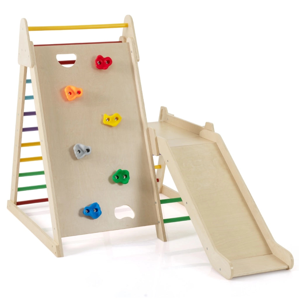 Palestra jungle 3 in 1 parco giochi interno per bambini con scivolo esteso, Palestra scaletta in legno e struttura da gioco