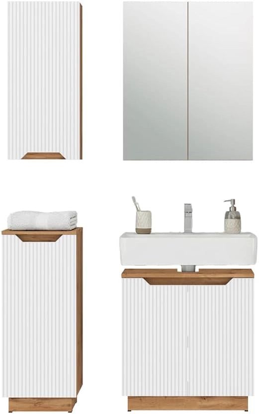 Set di mobili da bagno Lotta, Rovere/bianco a strisce, 4 parti
