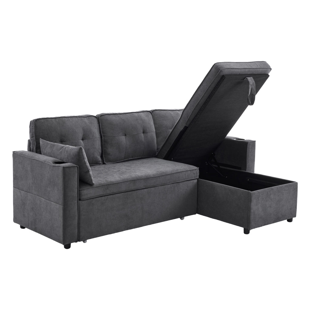 Divano letto angolare con chaise longue reversibile, contenitore e portabicchieri, stile moderno
