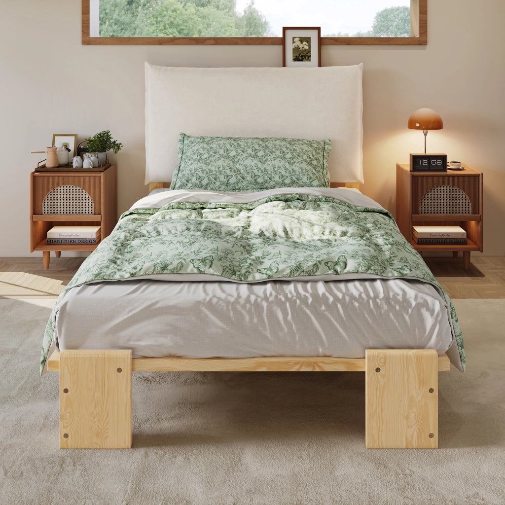 Letto Singolo 90x200 cm - Schienale Imbottito; Doghe Robuste e Gambe Larghe - Naturale