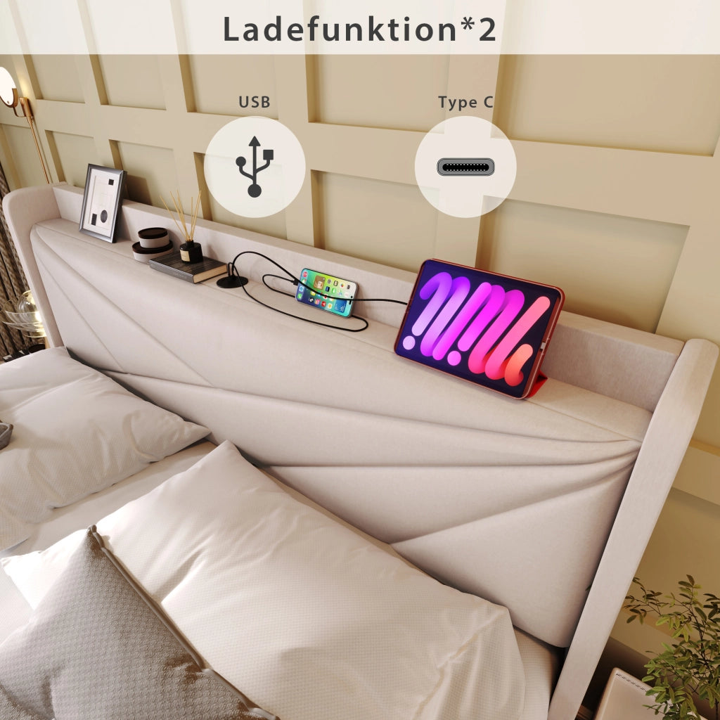 LETTO Contenitore 140x200 cm Beige in Cotone e Lino con USB Type-C