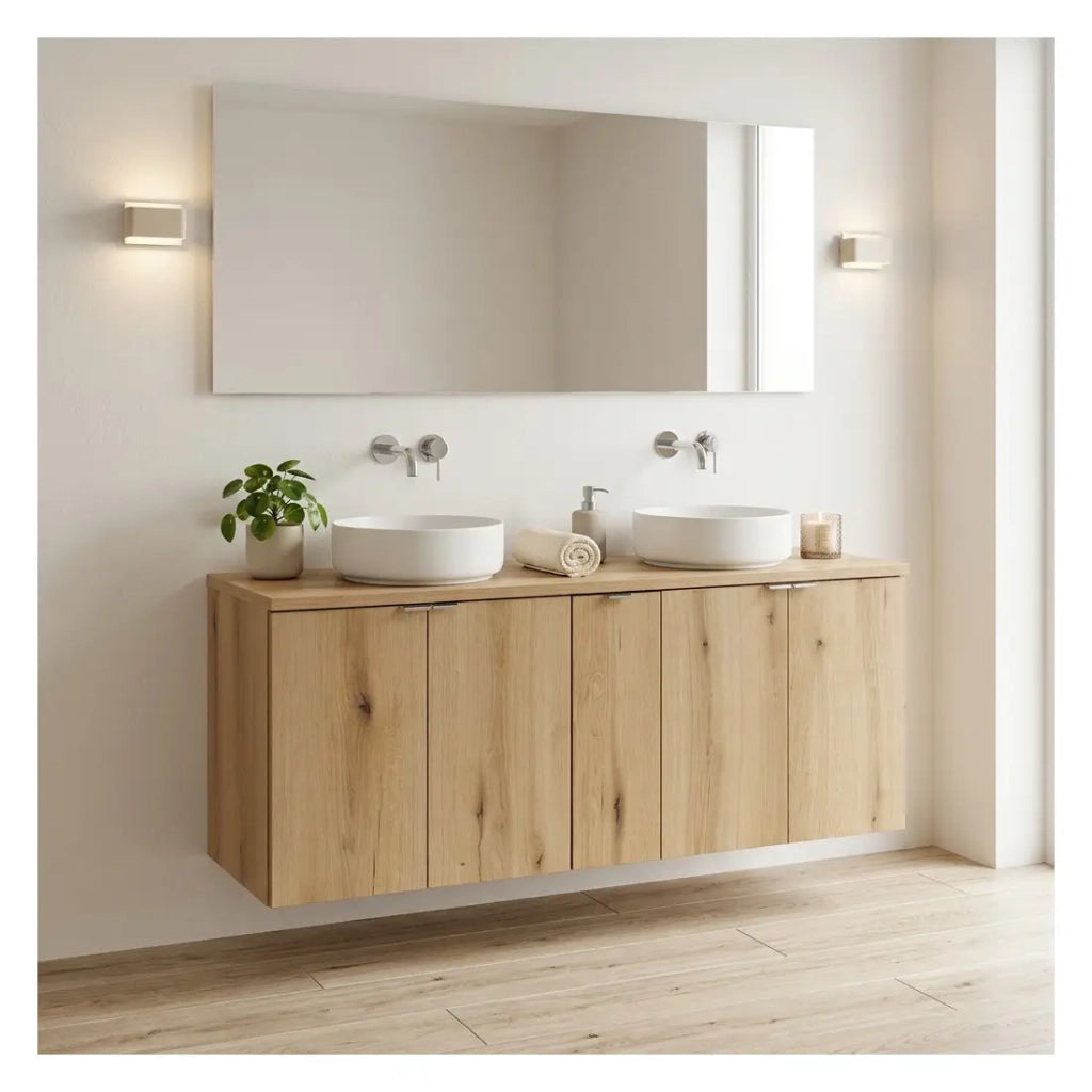 Set da bagno sospeso VANO effetto rovere 140cm: mobili sotto lavabo con armadietti + piano per lavabo