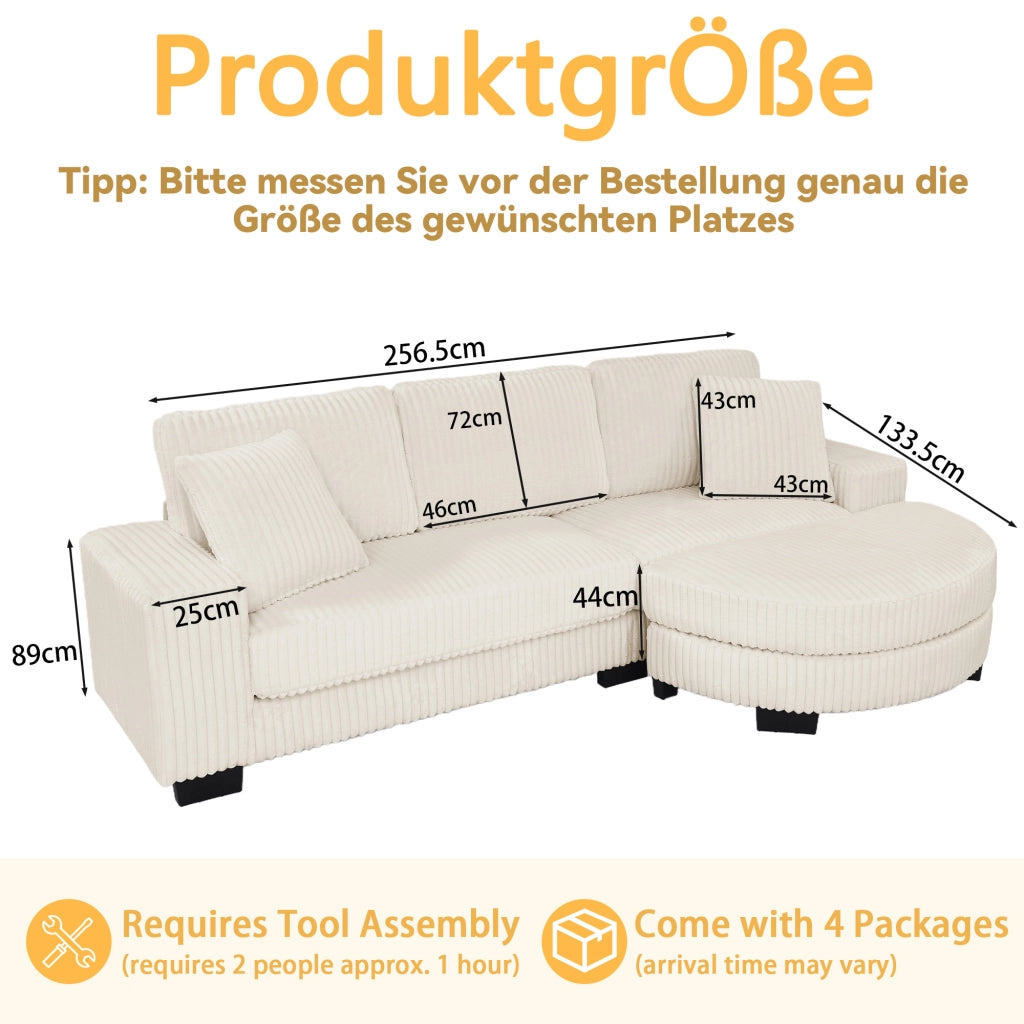 Divano angolare modulare 4 posti con pouf ovale reversibile e 2 cuscini in corduroy beige per soggiorno