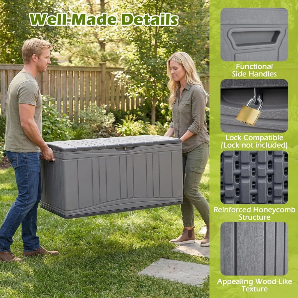 Scatola da giardino impermeabile con coperchio, 300 l, contenitore per cuscini in plastica, contenitore XXL per cuscini, attrezzi da giardino e giocattoli per bambini (grigio)