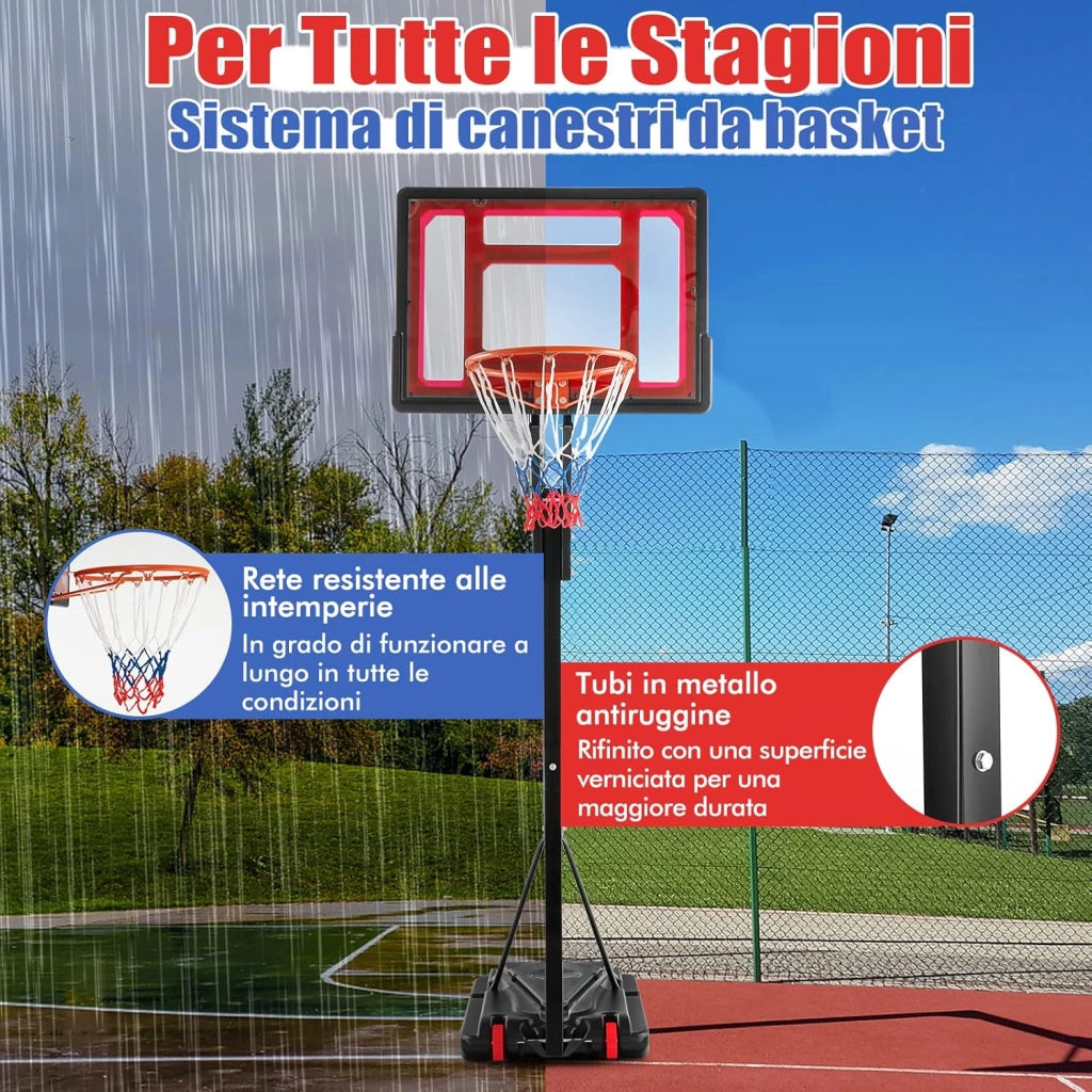 Canestro da Basket da Esterno ed Interno, Canestro da Basket Regolabile a 10 Livelli e Portatile, con Tabellone da 82cm, 2 Ruote e Borsa, per Tutte le Condizioni Atmosferiche
