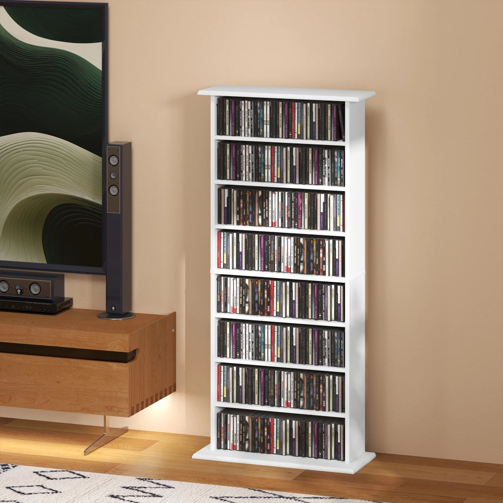Scaffale Porta CD 58x24x124,5 cm con 6 Ripiani Regolabili Capacità di 360 CD/185 DVD Bianco