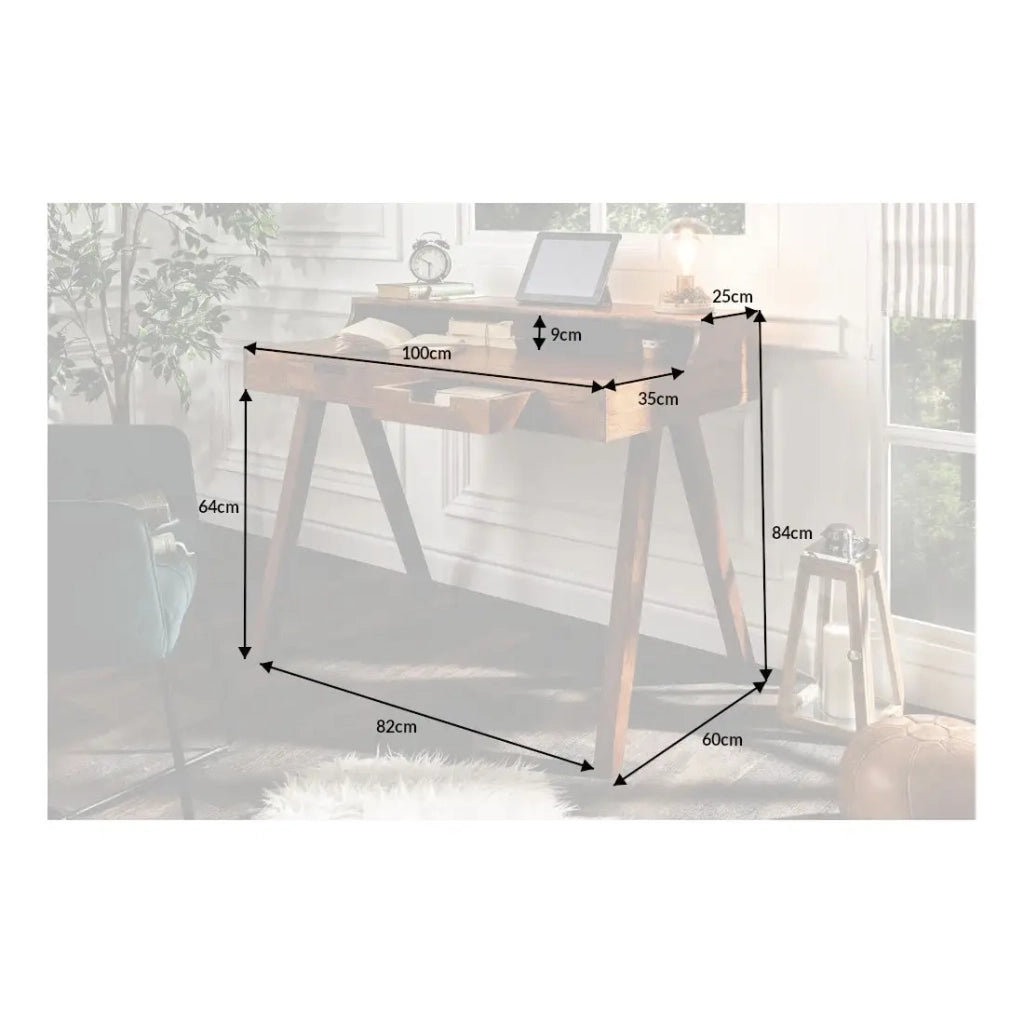 Scrivania retta SKAGEN 100 cm in legno massiccio di acacia con 2 cassetti e scaffale – Stile Davenport