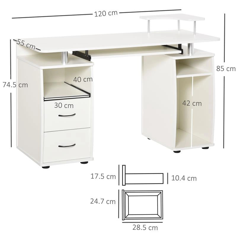 SCRIVANIA PER PC CON RIPIANO PER TASTIERA E PER MONITOR E 2 CASSETTI, 120X55X85 CM, BIANCA