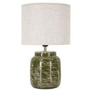 Lampada da tavolo in ceramica verde con paralume in tessuto