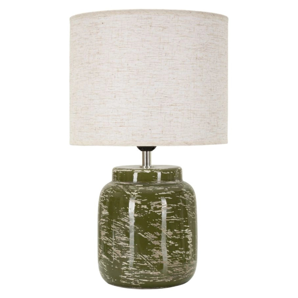 Lampada da tavolo in ceramica verde con paralume in tessuto