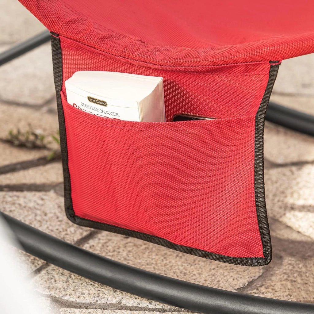 Dondolo da Giardino Sedia a Dondolo da Esterno Lettino Prendisole con Tasca Laterale Poltrona da Giardino Sdraio per Patio Balcone Campeggio Spiaggia Rosso 143x57x85 cm OGS47-R
