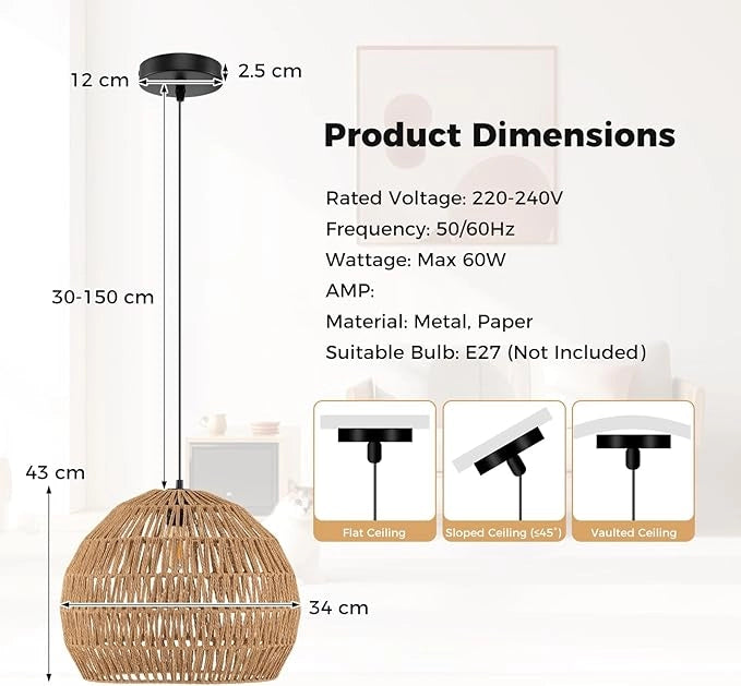 Lampada a Sospensione, Lampadario Moderno con Struttura in Metallo e Cupola in Carta, Luce con Altezza Regolabile per Cucina, Camera da Letto e Soggiorno, 43 x 43 x 34 cm (Marrone) [Classe di efficienza energetica F]