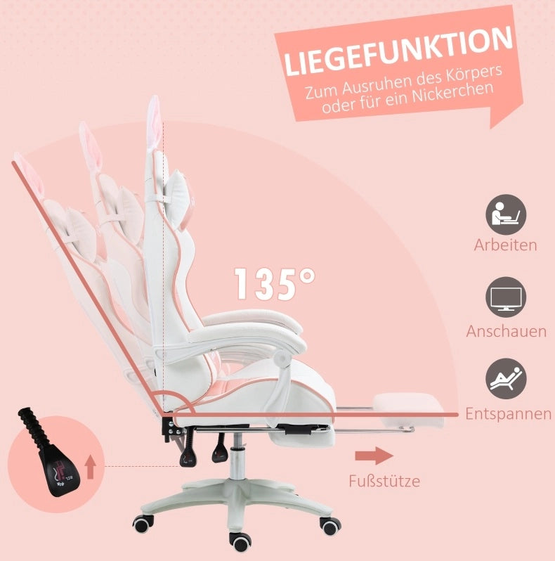 Sedia gaming rosa con orecchie da coniglio e poggiapiedi