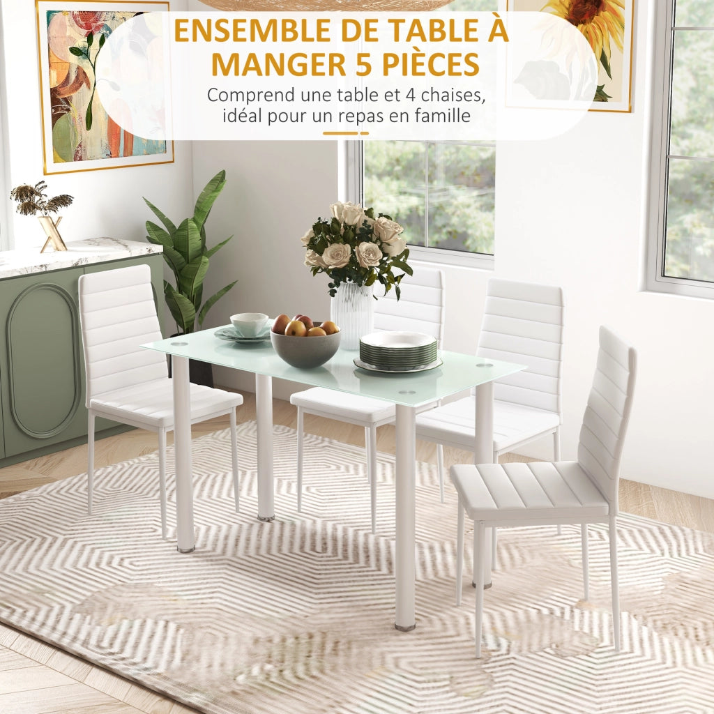 Tavolo da pranzo allungabile con 4 sedie ¨C zephmum ¨C piano in vetro temperato, gambe in acciaio, bianco