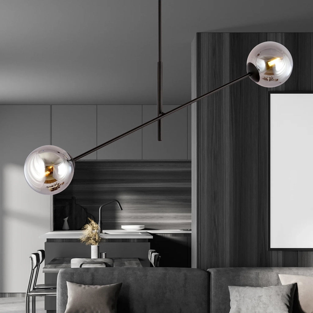 Lampadario 2 Luci Yama In Acciao Nero Con Bracci Regolabili E Vetro Fumè