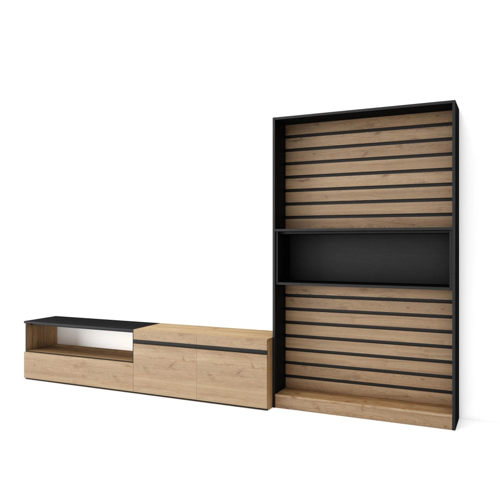 Mobile TV, Soggiorno, 310x35x186cm, Per TV fino a 80", Set di mobili, colore Rovere e nero RF2857