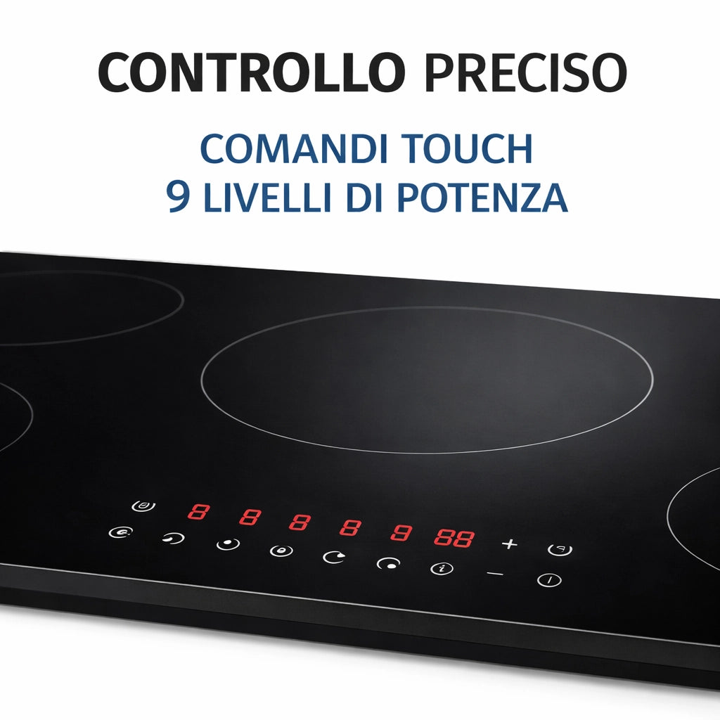 Piano Cottura Induzione 77cm 5 Fuochi Vetro Nero Touch 9 Livelli Power Boost