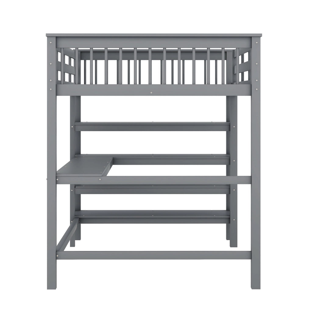 DESMIU Letto a Soppalco per Bambini 2 Posti con Scrivania e Scaffali 140 × 200 cm, Senza Materasso, in Pino, Grigio