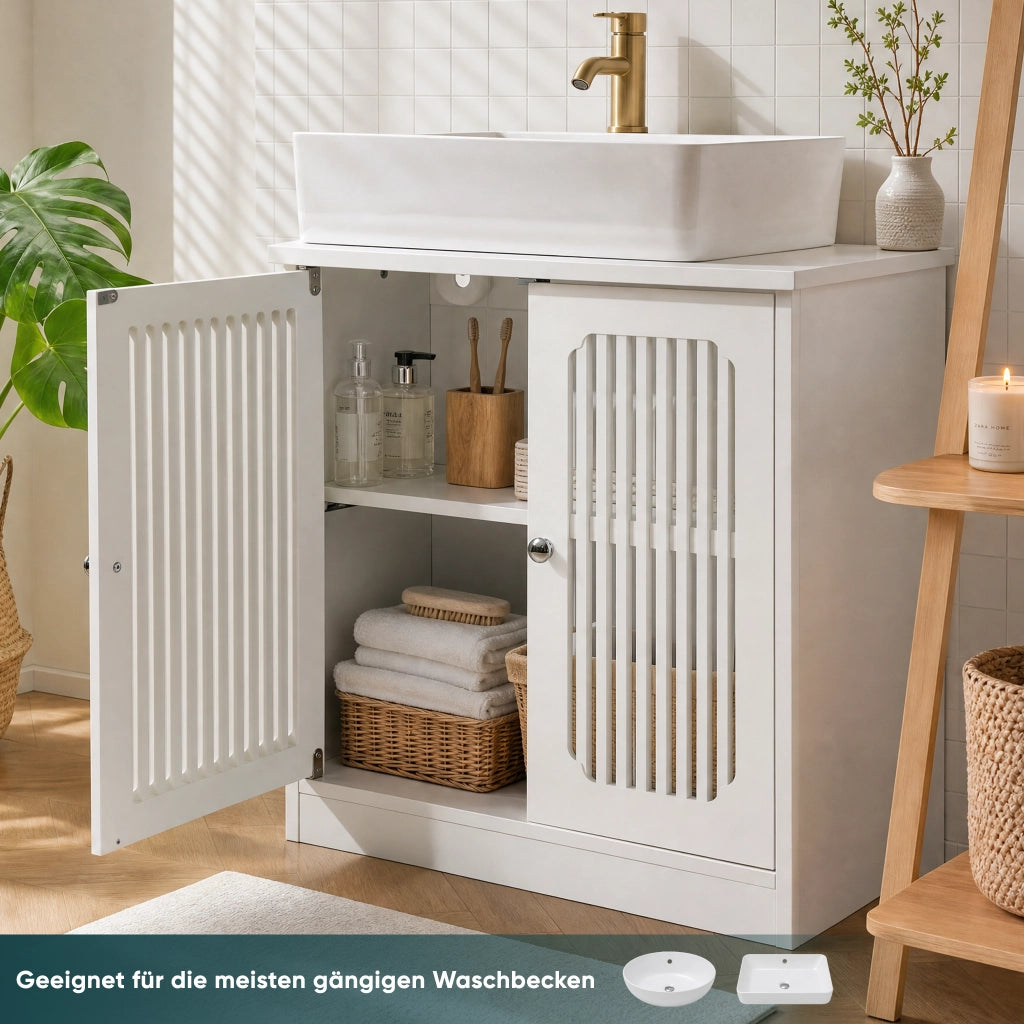 Mobile sottolavabo con 2 ante a lamelle e ripiano, in truciolato, per bagno e lavanderia, bianco, 70 × 35,3 × 14,5 cm