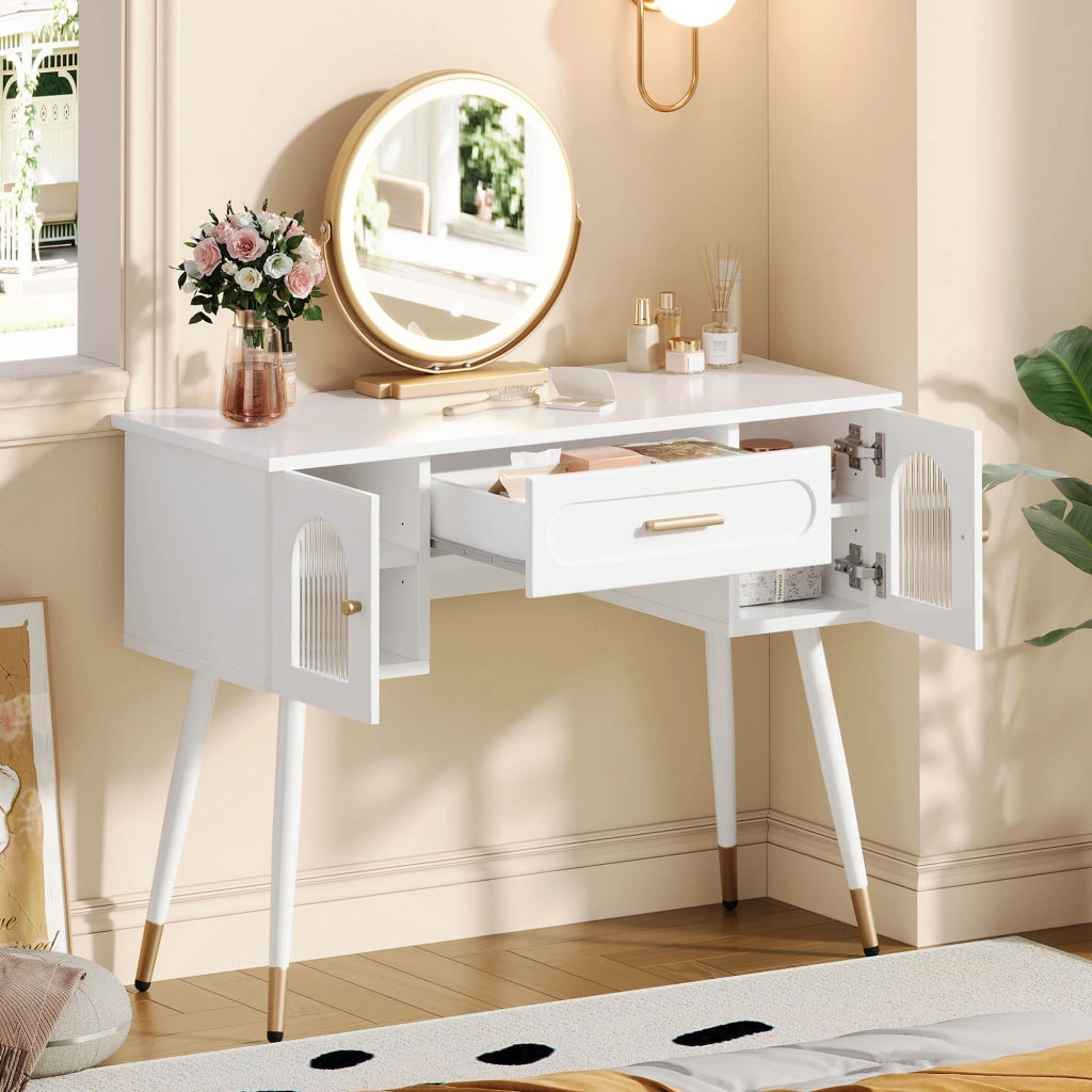 Toeletta con specchio LED, cassetto e armadietti laterali 100x42x112 cm bianco e oro