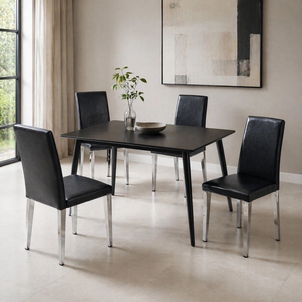 Sedia Da Pranzo Set Di 4 Schienale Ergonomico In Ecopelle E Metallo Nero Argento
