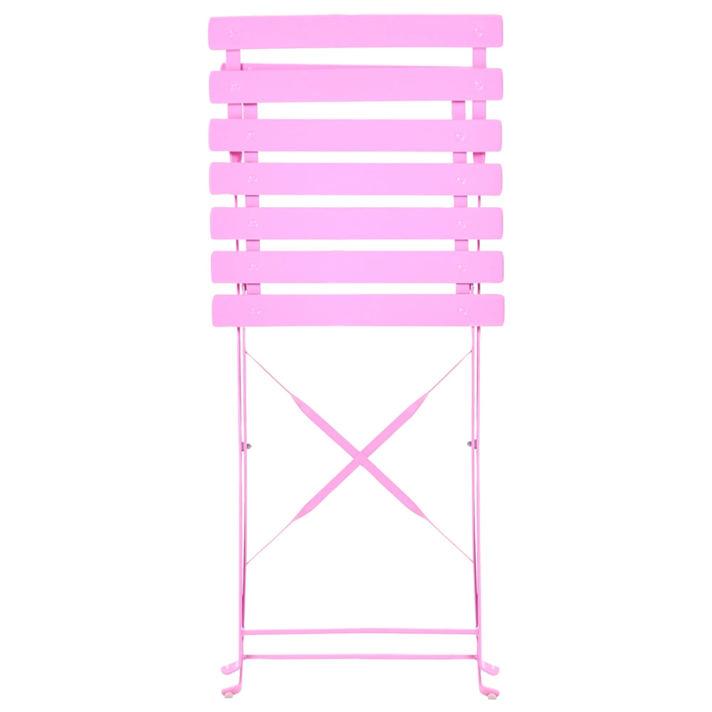 Set da bistrot 3 pezzi rosa in metallo pieghevole con schienale a doghe per esterni