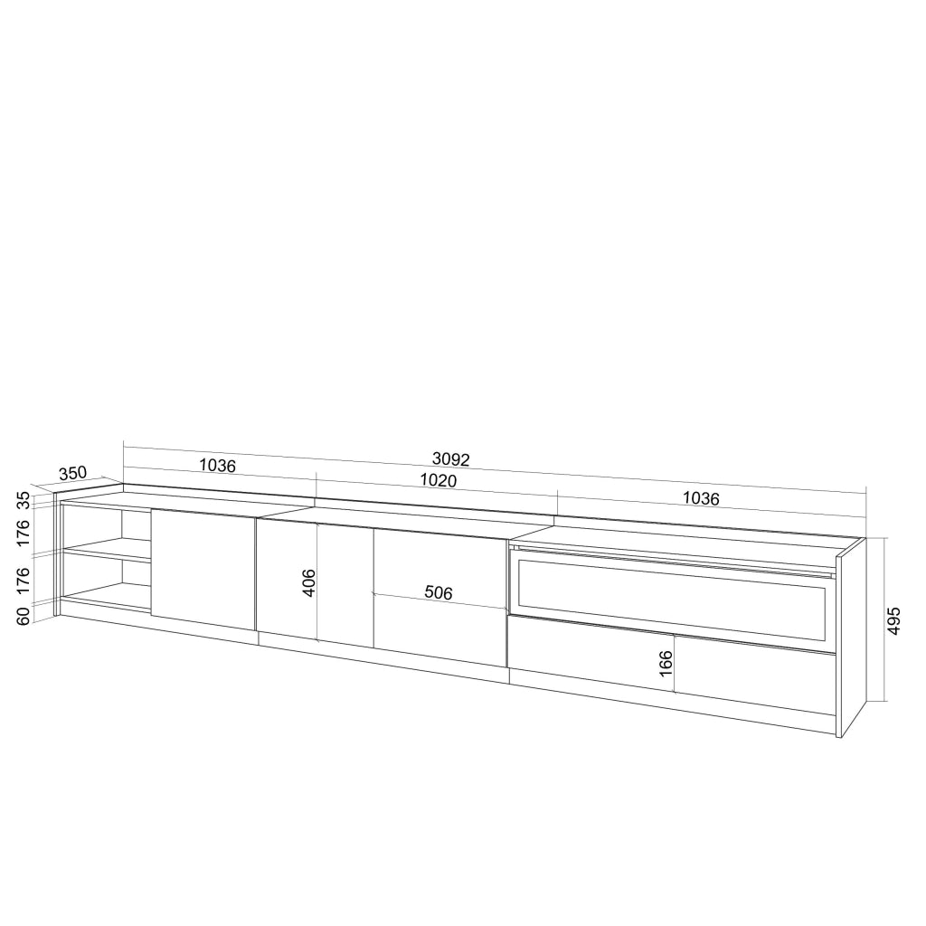 Mobile TV Soggiorno, 310x50x37 cm, Per TV fino a 80", Camino elettrico, Rovere scuro e Nero