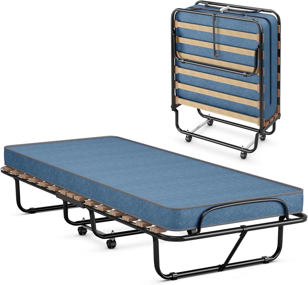 Letto Singolo Pieghevole per Ospiti, 80x190 cm, con Materasso in Memory Foam, Struttura in Metallo, 4 Ruote, Portata 130 kg