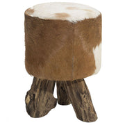 Poggiapiedi in Pelle Motivo Mucca e Legno di Teak Gambe Treppiede Rustico
