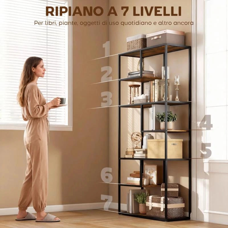 MOBILE LIBRERIA A 7 LIVELLI IN LEGNO E ACCIAIO STILE INDUSTRIALE, 83X34X180 CM, MARRONE