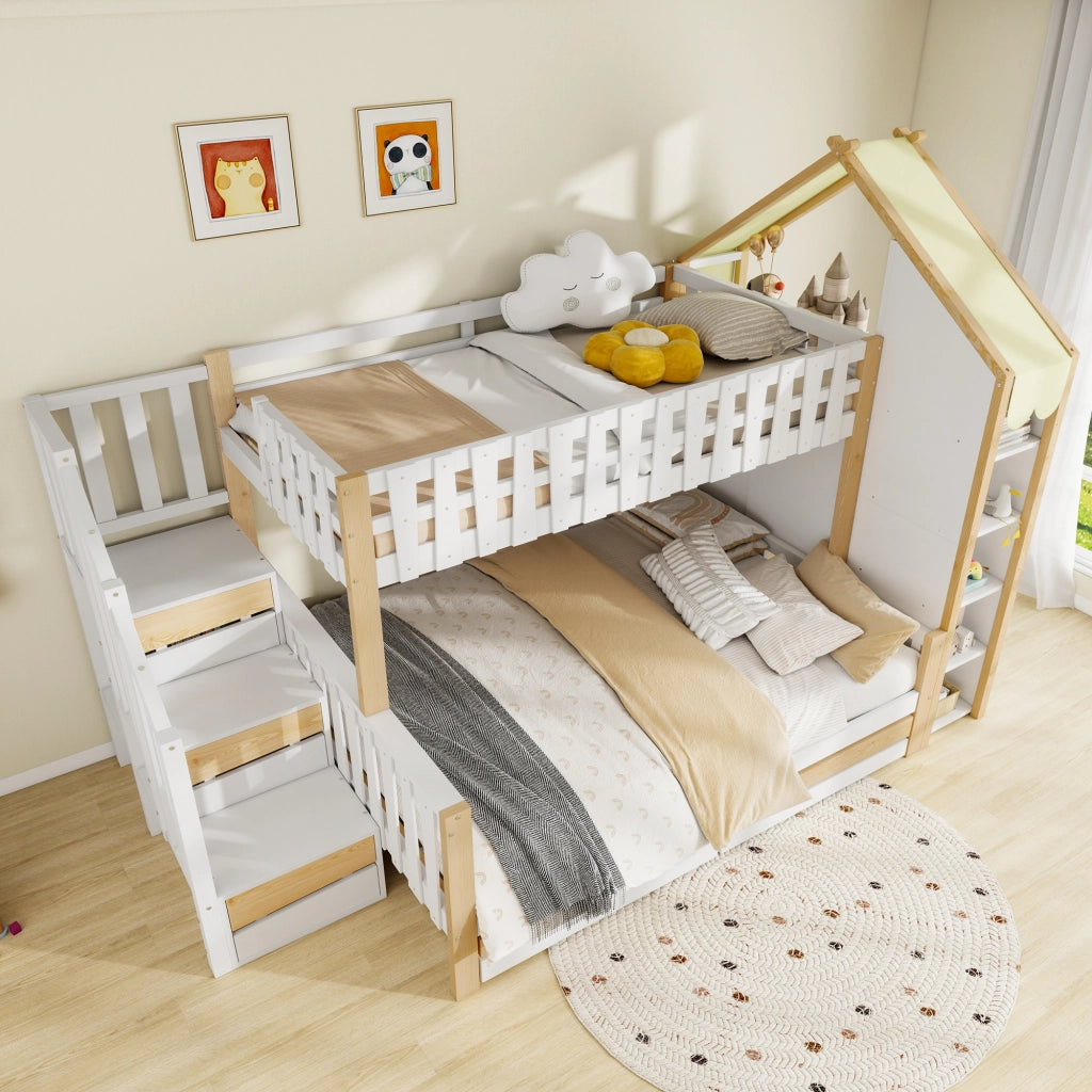 Letto a castello 90×200 cm e 140×200 cm con scala contenitore; barriera e 2 cassetti; senza materasso