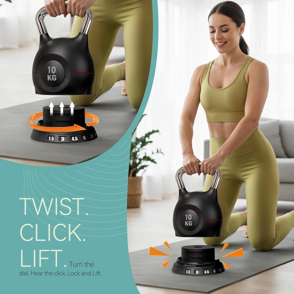 Kettlebell Regolabile 7 in 1, 20 kg Kettlebell con 7 Livelli di Peso, Manubrio per Allenamento a Casa & Fitness, Ideale per Allenamento Completo del Corpo, Compatto & Salvaspazio (Nero, 10kg)