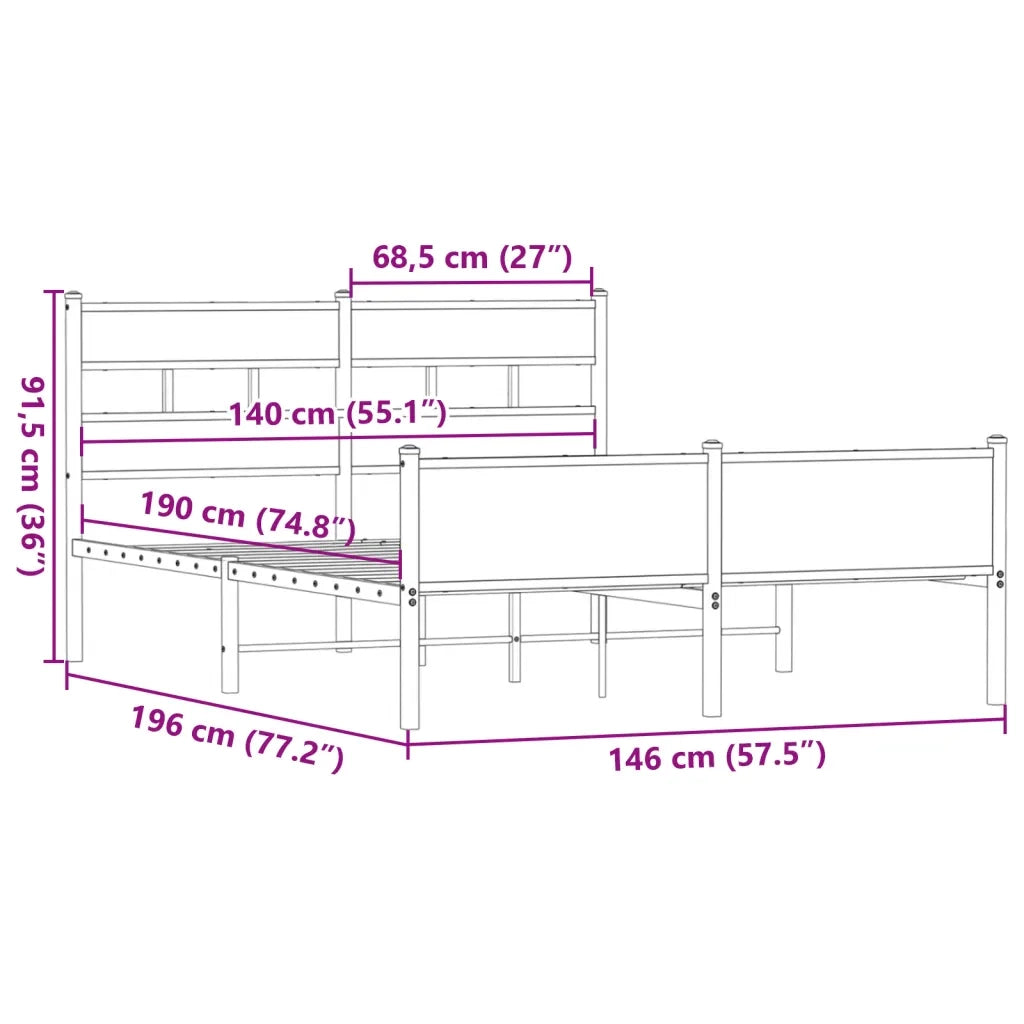 Letto matrimoniale | Letto per adulti | Giroletto senza Materasso Rovere Fumo 140x190 cm in Truciolato