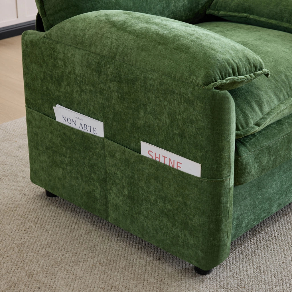 Poltrona rétro 96x90x92 cm verde scuro con doppia tasca, tessuto chenille