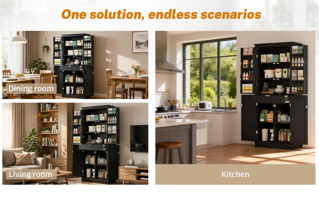 Credenza alta multifunzionale con due ante, ripiani e cassetto interno, 182 × 75 × 40 cm, in MDF, colore nero