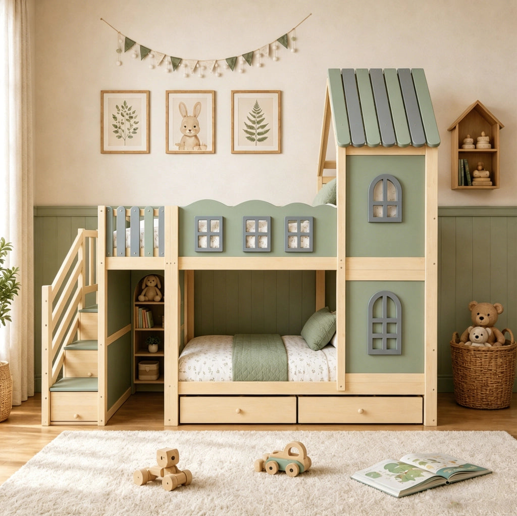 Letto a castello per bambini 90x200 cm a casetta con scala contenitore; verde; grigio e legno naturale