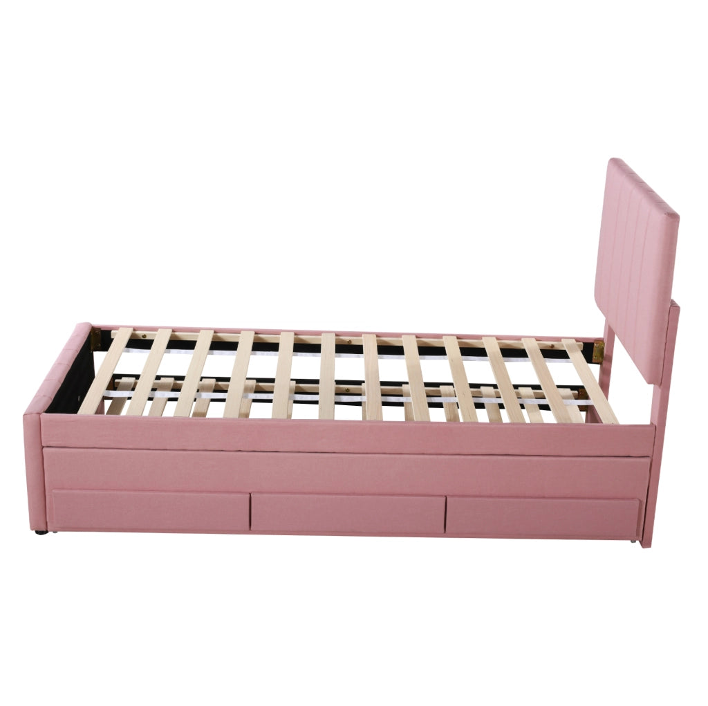 Letto imbottito singolo 90x200 cm con letto estraibile e 3 cassetti; rosa