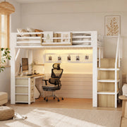 Letto a soppalco 140x200 cm con scrivania, LED e armadio