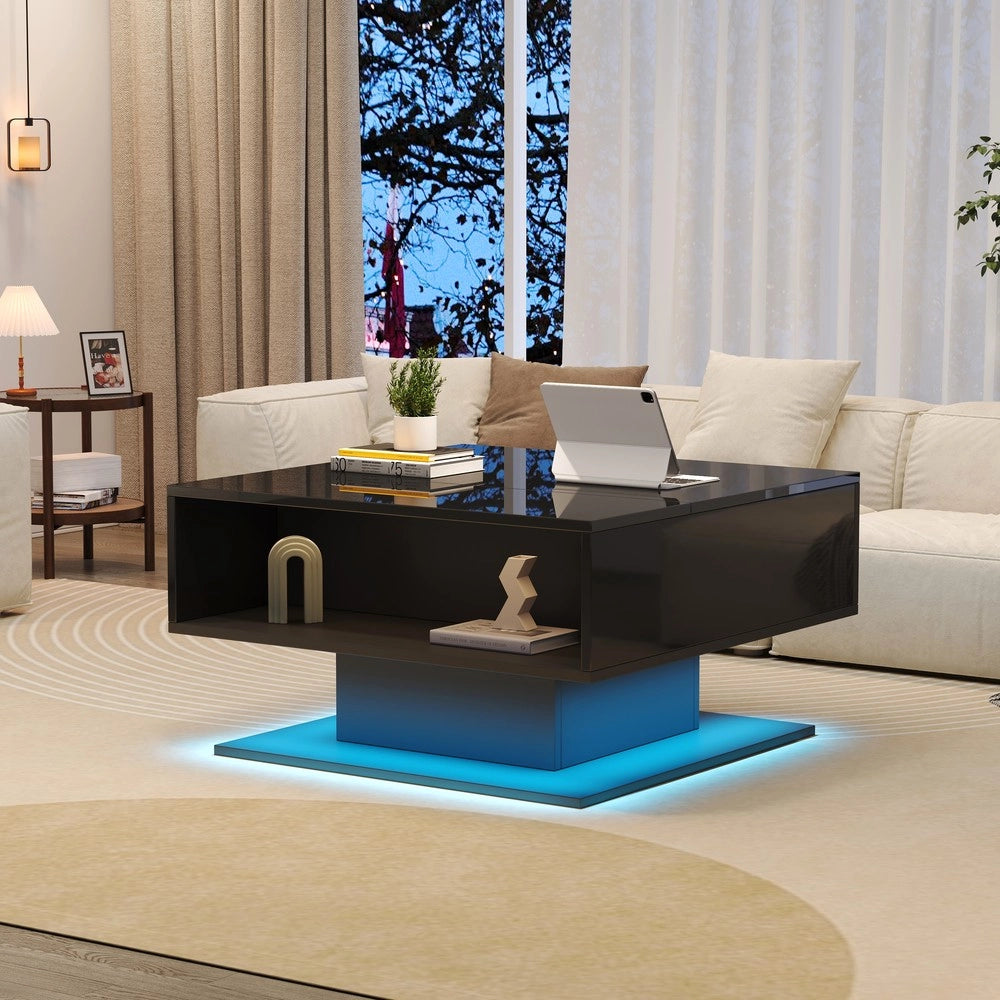 Tavolino da Caff¨¨ con Vano Contenitore e Piano Sollevabile ¨C MINIMAL ¨C Nero Lucido 80x75x40