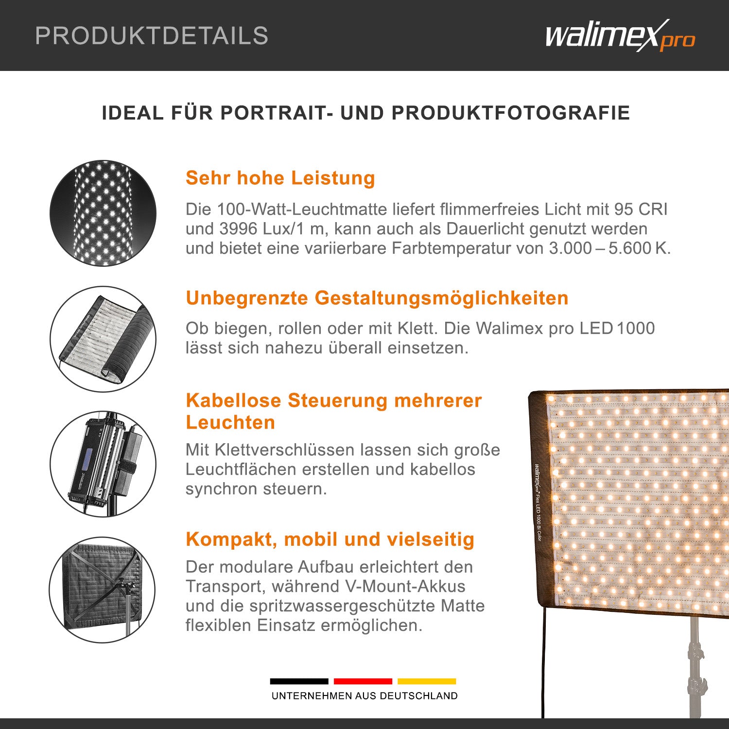 Flex 1000 LED Set Pannello luminoso a LED bicolor con softbox con diffusore frontale, lampada da 100 W, 3690 Lux/1m, luce fotografica dimmerabile, accessori fotografia