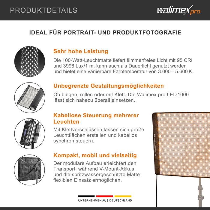 Flex 1000 LED Set Pannello luminoso a LED bicolor con softbox con diffusore frontale, lampada da 100 W, 3690 Lux/1m, luce fotografica dimmerabile, accessori fotografia