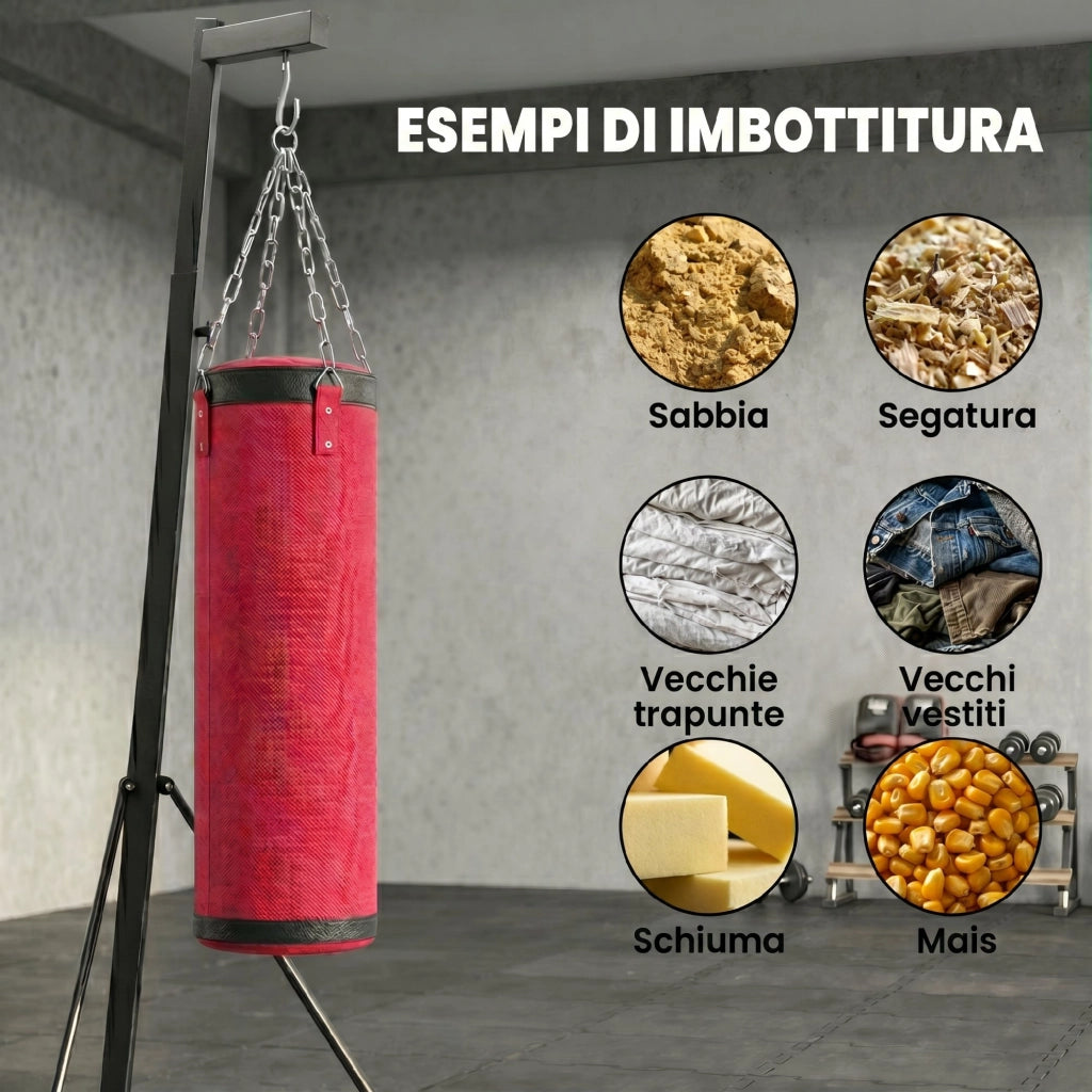 Supporto Sacco Boxe Regolabile con Base Triangolare e Sacco da Boxe. in Acciaio e Tela. 175x91x185-231 cm. Rosso