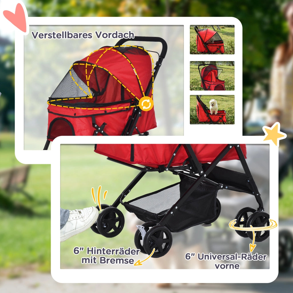 Carrello pieghevole con grande cesta per piccoli cani, cappottina regolabile, finestre in rete, in poliestere rosso