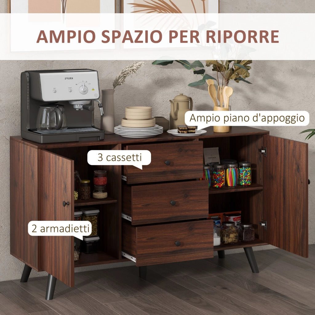 Credenza Moderna in Legno e Truciolato con 2 Armadietti e 3 Cassetti, 127x40x76 cm, Marrone e Nero