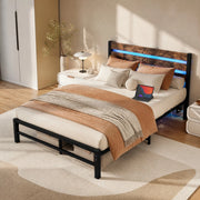 Letto matrimoniale 120x200 cm in metallo e MDF con testiera in legno, LED RGB e contenitore sottoletto