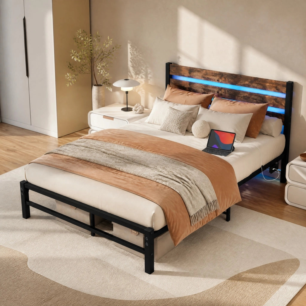 Letto matrimoniale 120x200 cm in metallo e MDF con testiera in legno, LED RGB e contenitore sottoletto
