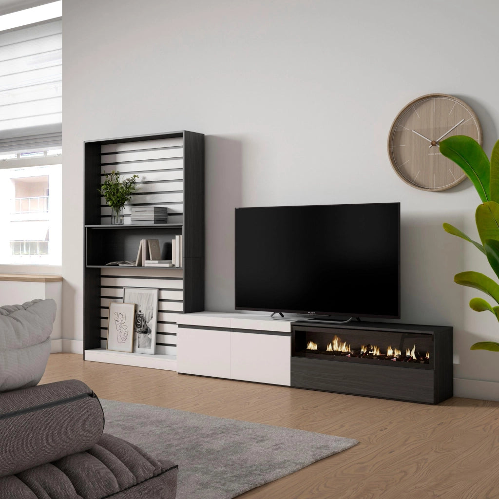 Mobile TV, Soggiorno, 310x35x186cm, Per TV fino a 80", Camino elettrico, Bianco e nero RF2852