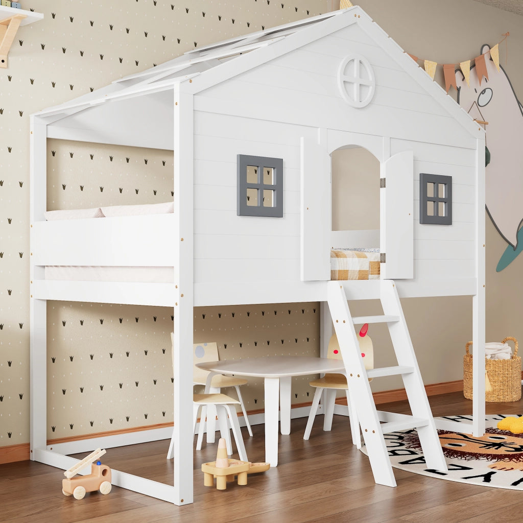 Letto a castello con scala bianco grigio in legno massello e MDF 90x200 cm