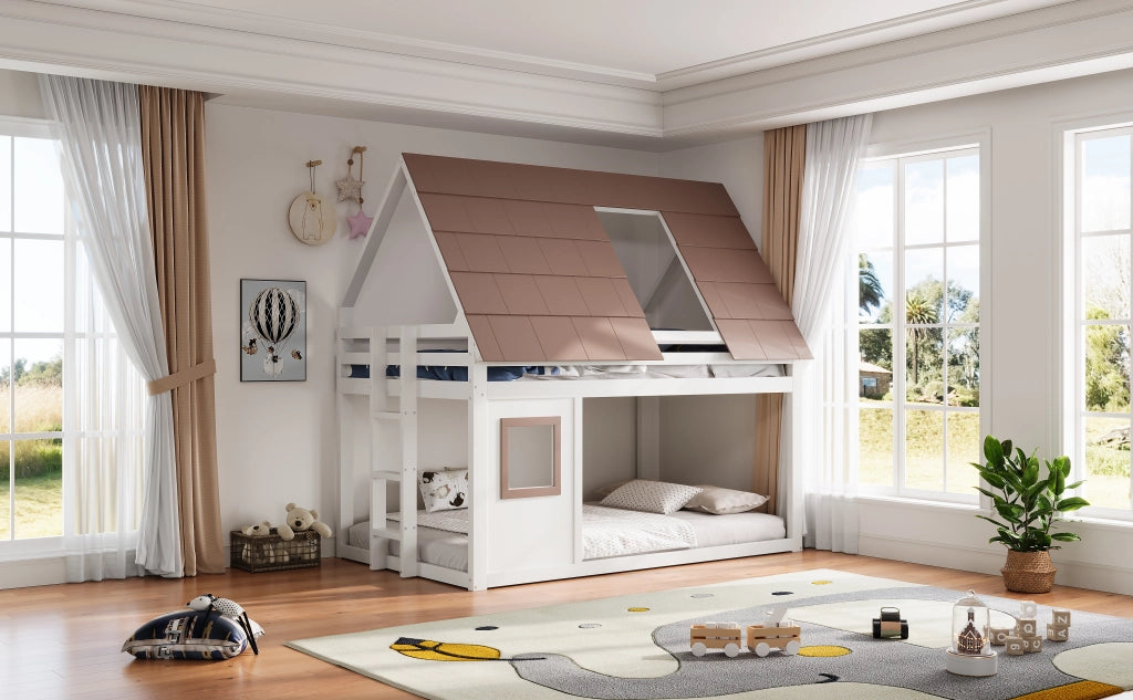 DESMIU Letto a castello 140 × 200 cm 2 posti con tetto, scala e sponda, senza materasso, bianco e marrone